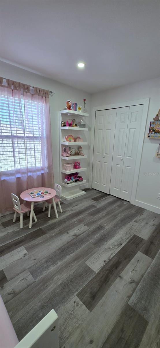 interior space featuring wood finished floors, recessed lighting, and a closet