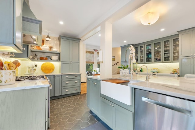 kitchen featuring open shelves, stainless steel dishwasher, backsplash, and recessed lighting
