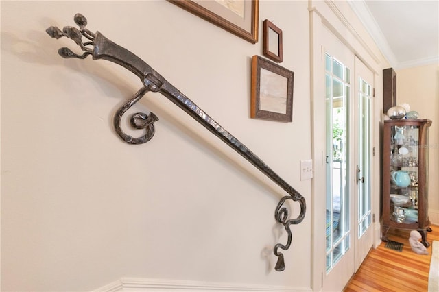 details featuring wood finished floors and crown molding