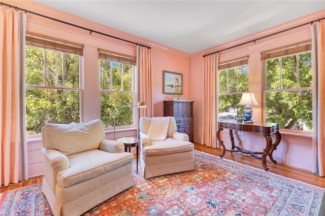 living area featuring wood finished floors and ornamental molding