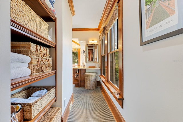 hall with baseboards, ornamental molding, and carpet flooring