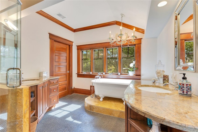 full bath featuring a shower stall, a freestanding tub, visible vents, a notable chandelier, and lofted ceiling