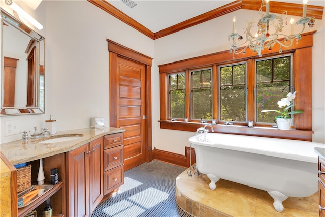 full bathroom with a soaking tub, a healthy amount of sunlight, crown molding, and vanity