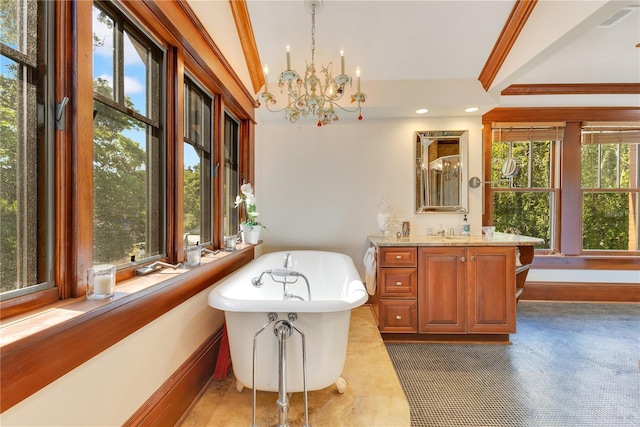 bathroom featuring recessed lighting, vanity, a notable chandelier, visible vents, and a soaking tub