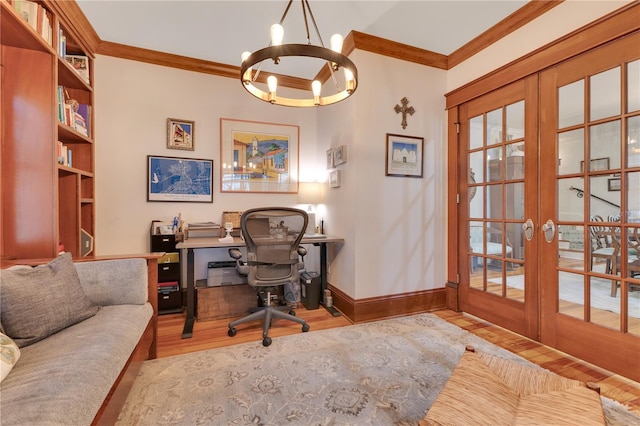 office with crown molding, french doors, baseboards, wood finished floors, and a notable chandelier
