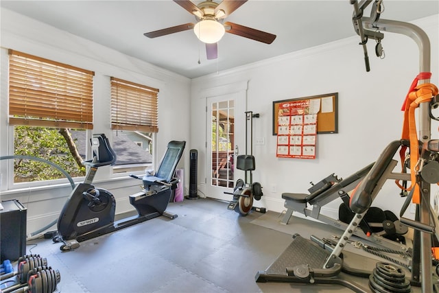 workout room featuring baseboards, a ceiling fan, a healthy amount of sunlight, and crown molding