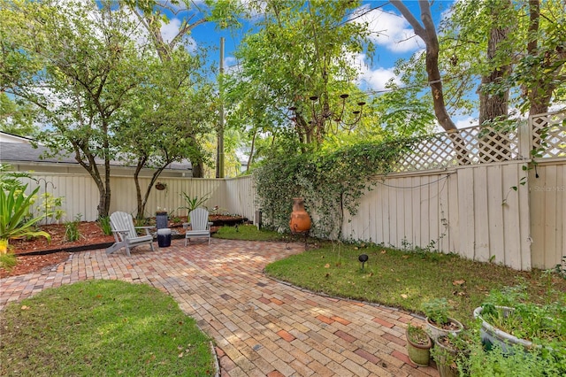 view of yard with a fenced backyard and a patio area