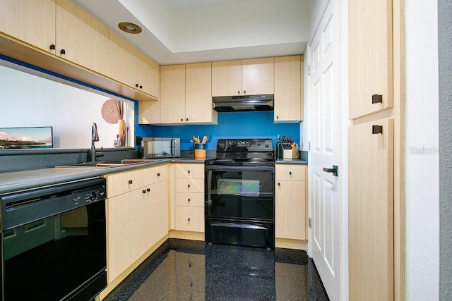 322 E Central Blvd Unit 1008, Orlando, FL 32801 - kitchen with dark countertops, a sink, black appliances, light brown cabinets, and under cabinet range hood