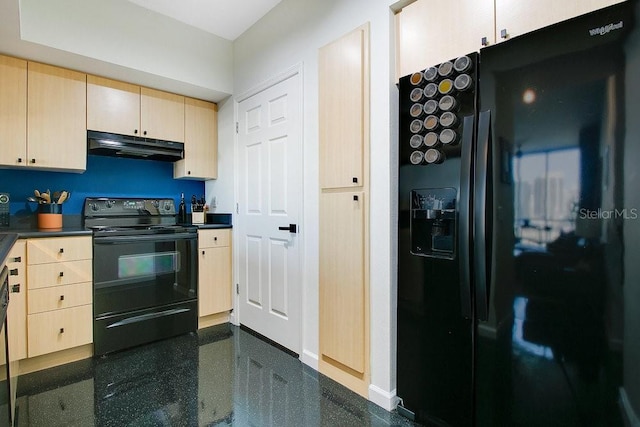 322 E Central Blvd Unit 1008, Orlando, FL 32801 - kitchen with dark countertops, baseboards, black appliances, light brown cabinets, and under cabinet range hood