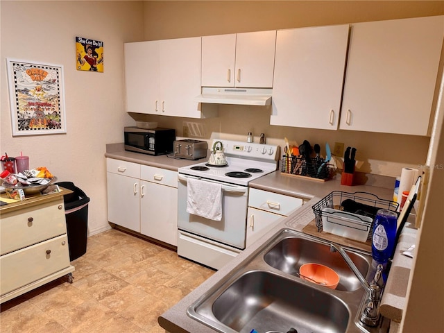 kitchen featuring a sink, light countertops, under cabinet range hood, white cabinetry, and white electric range