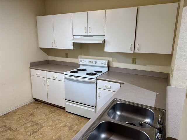 107 Vista Verdi Cir Unit 121, Lake Mary, FL 32746 - kitchen with under cabinet range hood, white electric stove, white cabinetry, and a sink