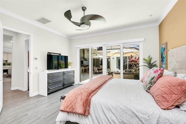 2172 Sherbrook Ave, Davenport, FL 33837 - bedroom with visible vents, baseboards, light wood-style floors, crown molding, and access to exterior