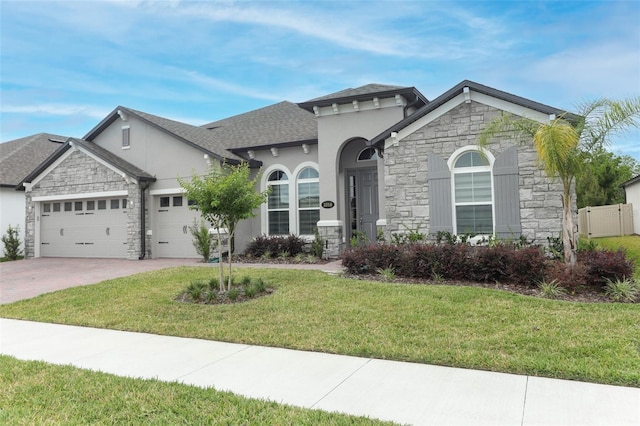 view of front of property with a garage, stucco siding, stone siding, a front lawn, and driveway