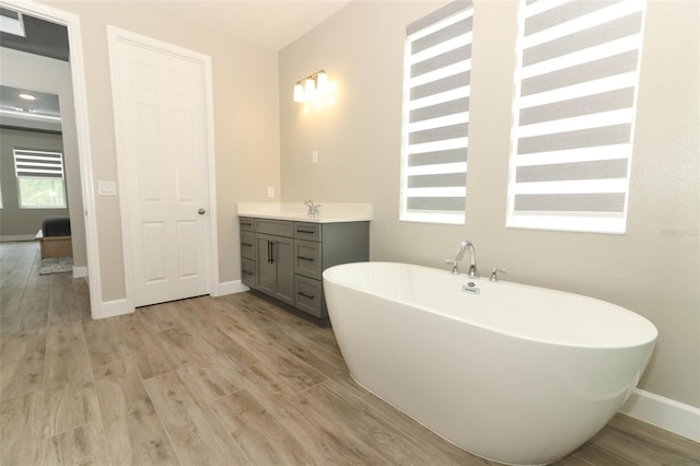bathroom featuring vanity, a soaking tub, baseboards, and wood finished floors