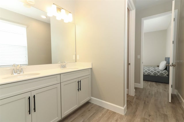 full bathroom featuring a sink, baseboards, double vanity, and wood finished floors