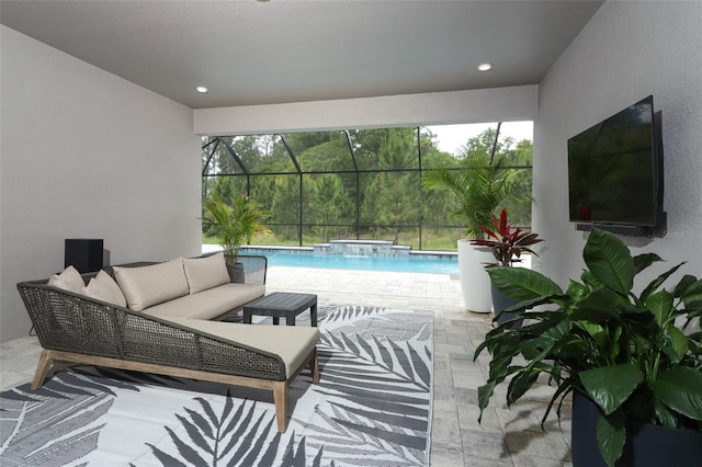 view of patio / terrace featuring an outdoor pool, an outdoor living space, and a lanai