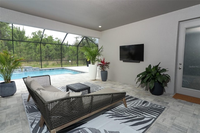 pool featuring a patio, outdoor lounge area, and glass enclosure