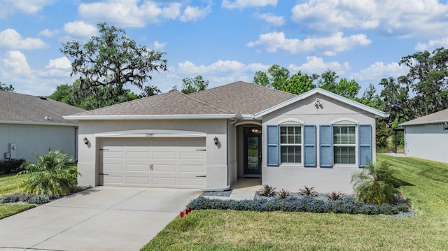 ranch-style house featuring roof with shingles, stucco siding, driveway, an attached garage, and a front lawn