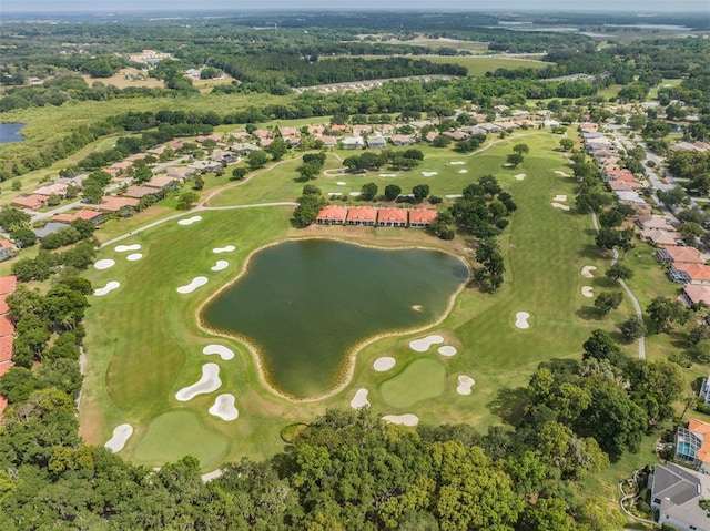 aerial view featuring a water view and view of golf course