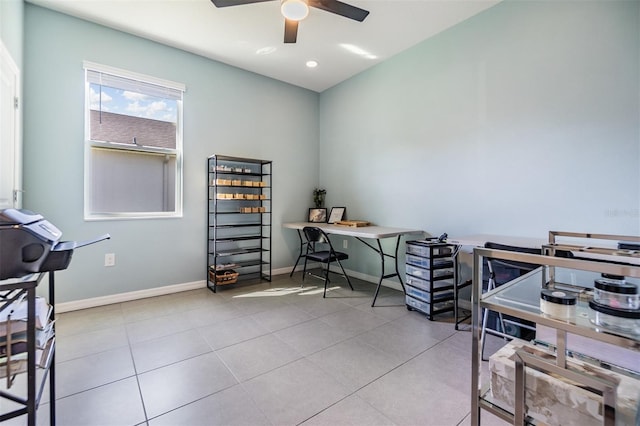 home office with tile patterned floors, baseboards, a ceiling fan, and recessed lighting