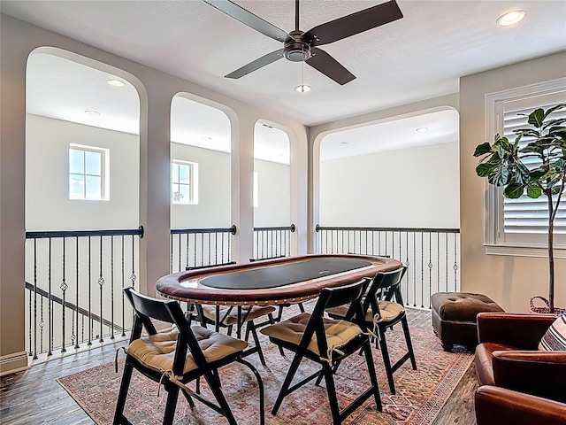 dining area with ceiling fan, recessed lighting, and wood finished floors