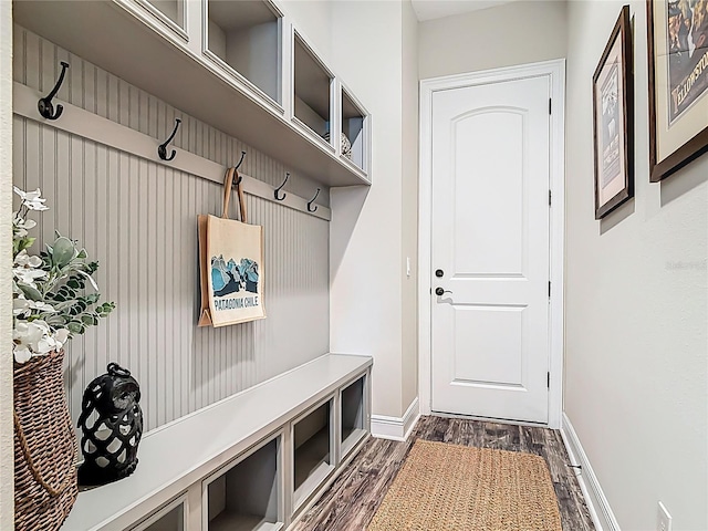 mudroom with baseboards and dark wood finished floors