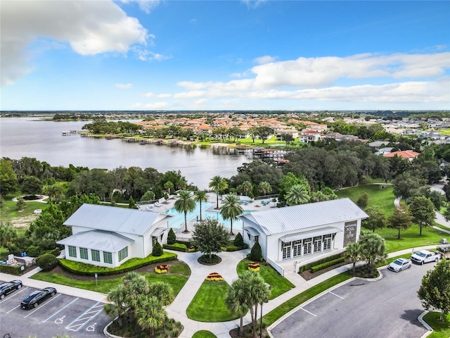 drone / aerial view with a water view