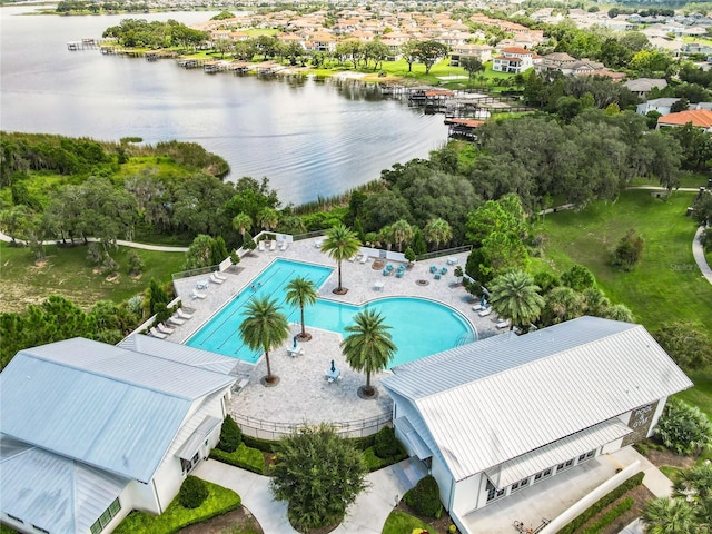 drone / aerial view featuring a water view