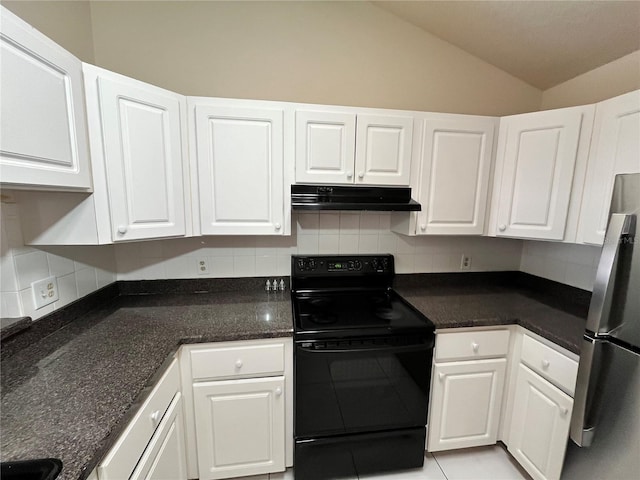 kitchen featuring white cabinets, freestanding refrigerator, under cabinet range hood, and black range with electric stovetop