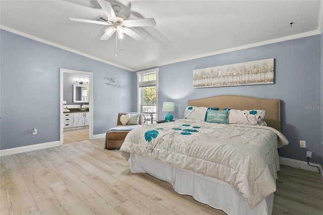 6330 Oil Well Rd, Clermont, FL 34714 - bedroom featuring crown molding, baseboards, connected bathroom, and wood finished floors