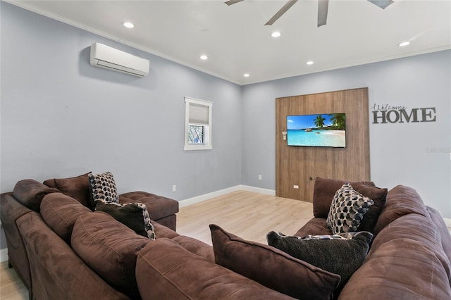 6330 Oil Well Rd, Clermont, FL 34714 - living room with a ceiling fan, light wood-style floors, an AC wall unit, and recessed lighting