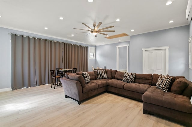 6330 Oil Well Rd, Clermont, FL 34714 - living room featuring ornamental molding, ceiling fan, light wood finished floors, and recessed lighting