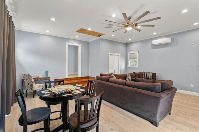 6330 Oil Well Rd, Clermont, FL 34714 - living room featuring an AC wall unit, light wood-style flooring, and a ceiling fan