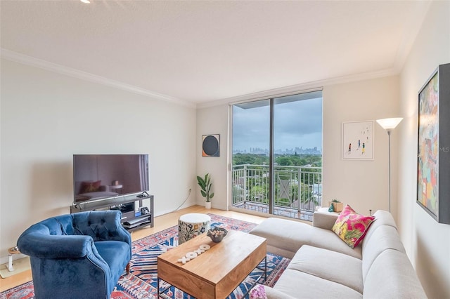 2030 S Douglas Rd Unit 718, Coral Gables, FL 33134 - living room with crown molding, wood finished floors, and expansive windows