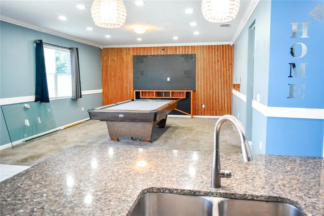 184 Lake Smart Cir, Winter Haven, FL 33881 - playroom with ornamental molding, a sink, baseboards, pool table, and recessed lighting