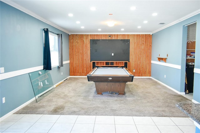 184 Lake Smart Cir, Winter Haven, FL 33881 - rec room featuring crown molding, carpet floors, pool table, baseboards, and recessed lighting
