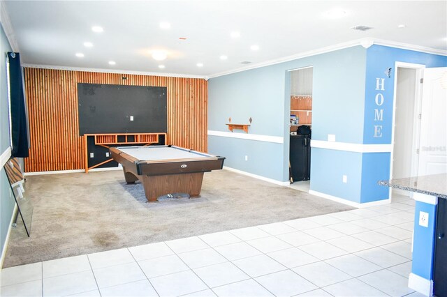 184 Lake Smart Cir, Winter Haven, FL 33881 - playroom featuring light colored carpet, recessed lighting, crown molding, baseboards, and billiards table