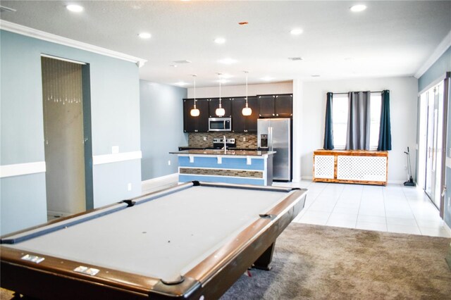 184 Lake Smart Cir, Winter Haven, FL 33881 - recreation room with recessed lighting, ornamental molding, pool table, baseboards, and light tile patterned floors