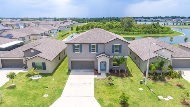 traditional-style home featuring stucco siding, an attached garage, a water view, driveway, and a residential view