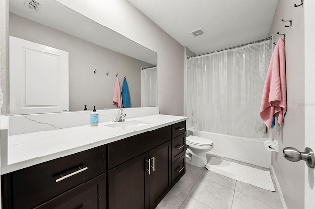 bathroom featuring tile patterned floors, visible vents, shower / bathtub combination with curtain, and vanity