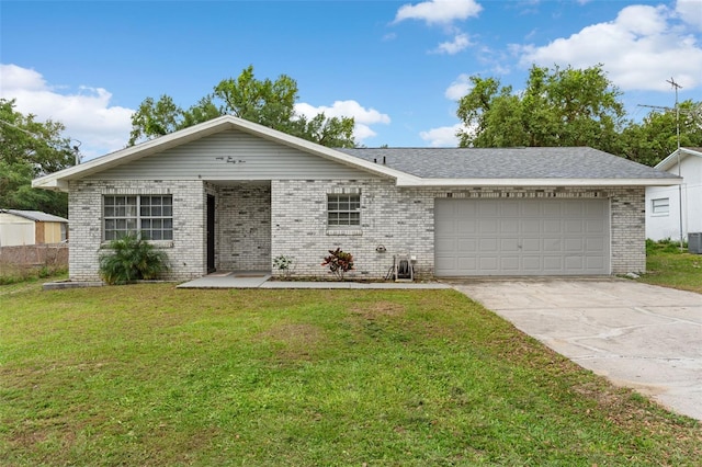 single story home with central AC, a front lawn, brick siding, a garage, and concrete driveway