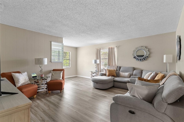 living area featuring plenty of natural light, a textured ceiling, baseboards, and wood finished floors