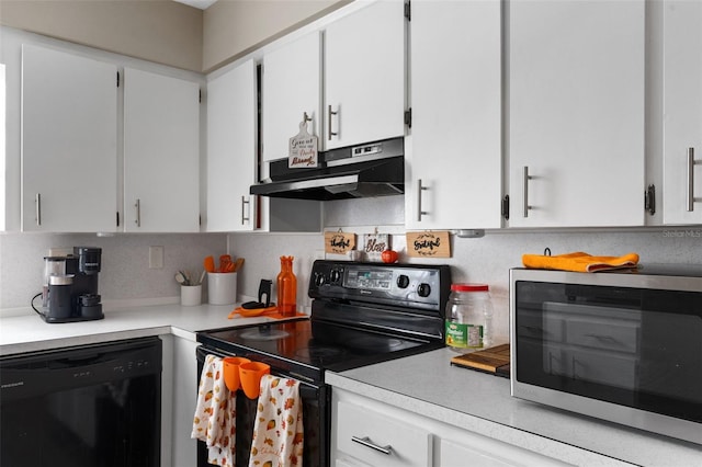 kitchen with under cabinet range hood, light countertops, white cabinetry, and black appliances