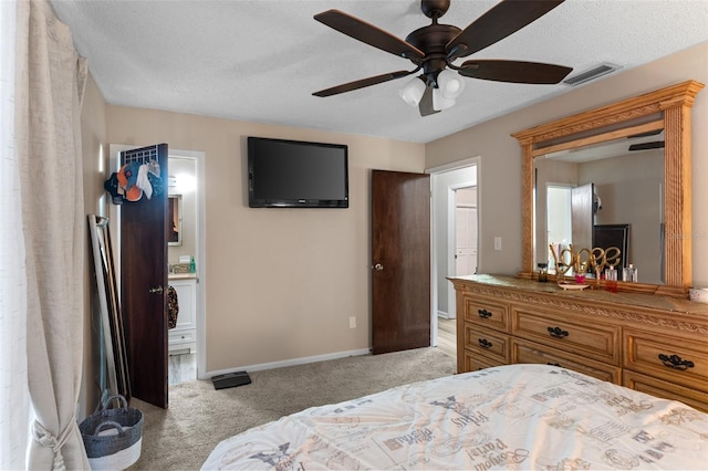 bedroom featuring light carpet, ceiling fan, baseboards, and visible vents