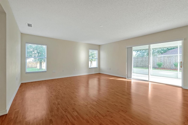 empty room featuring a healthy amount of sunlight, a textured ceiling, and wood finished floors