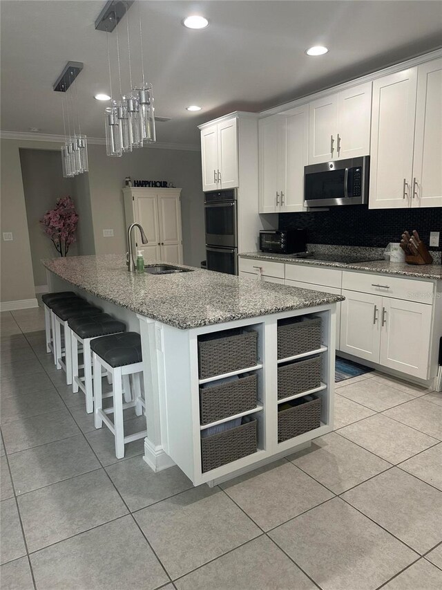 2137 Apian Way, Port Charlotte, FL 33953 - kitchen featuring appliances with stainless steel finishes, a sink, open shelves, crown molding, and white cabinetry
