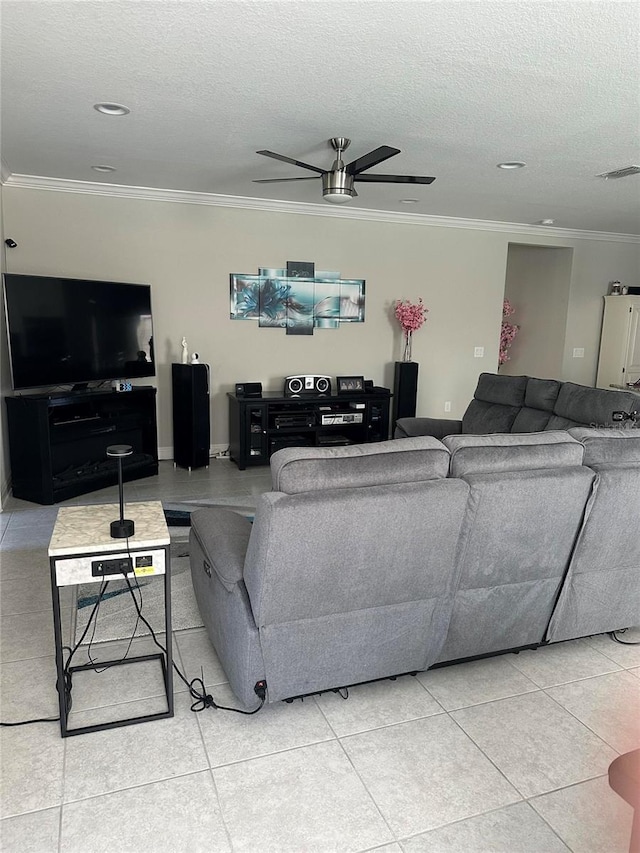 2137 Apian Way, Port Charlotte, FL 33953 - tiled living room with ceiling fan, ornamental molding, and a textured ceiling