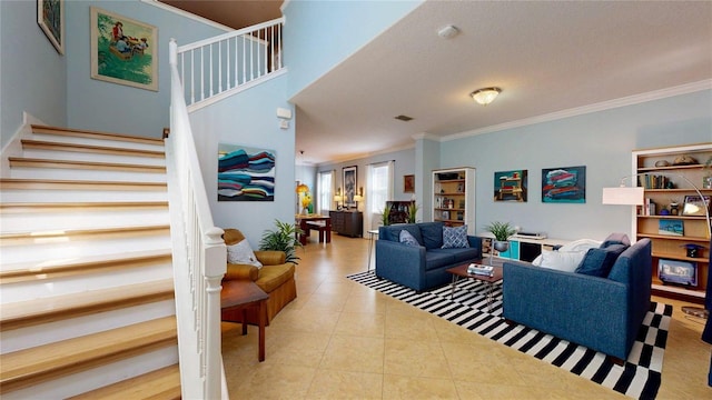 living room with crown molding, stairway, and tile patterned floors