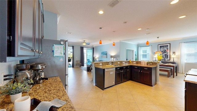 kitchen with dishwasher, crown molding, open floor plan, a sink, and recessed lighting