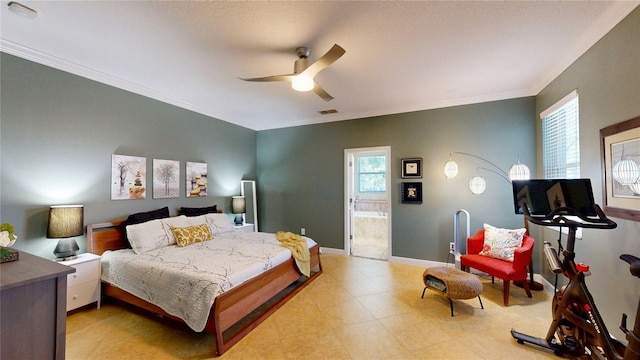 bedroom with multiple windows, ornamental molding, baseboards, a ceiling fan, and ensuite bath